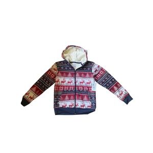 Fleece Lined Hoodie Christmas Reindeer‎ Fair Isle Zip Up Sweater M (10/12)